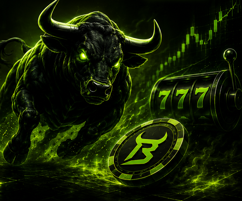 Bullbux bull charging past a 777 slot machine and a branded casino chip